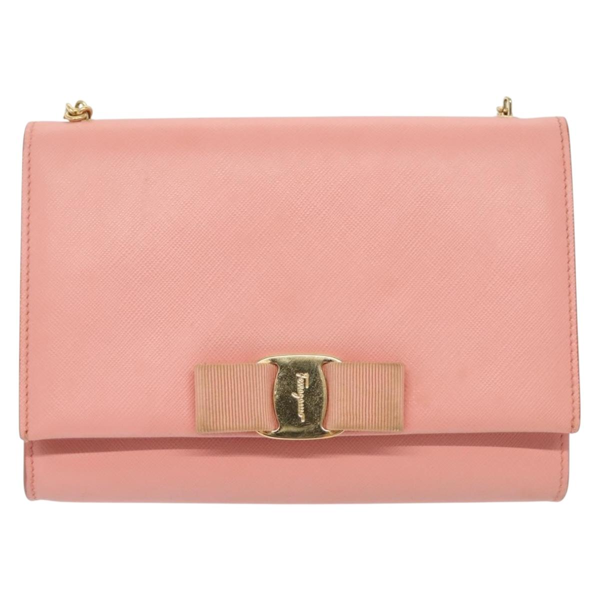 Salvatore Ferragamo Chain Vala Shoulder Bag Leather Pink Gold Auth