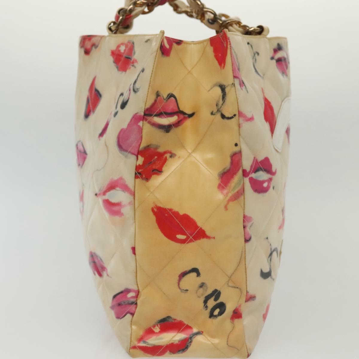 CHANEL Matelasse Chain COCO Mark Lip Tote Bag Vinyl White Gold CC