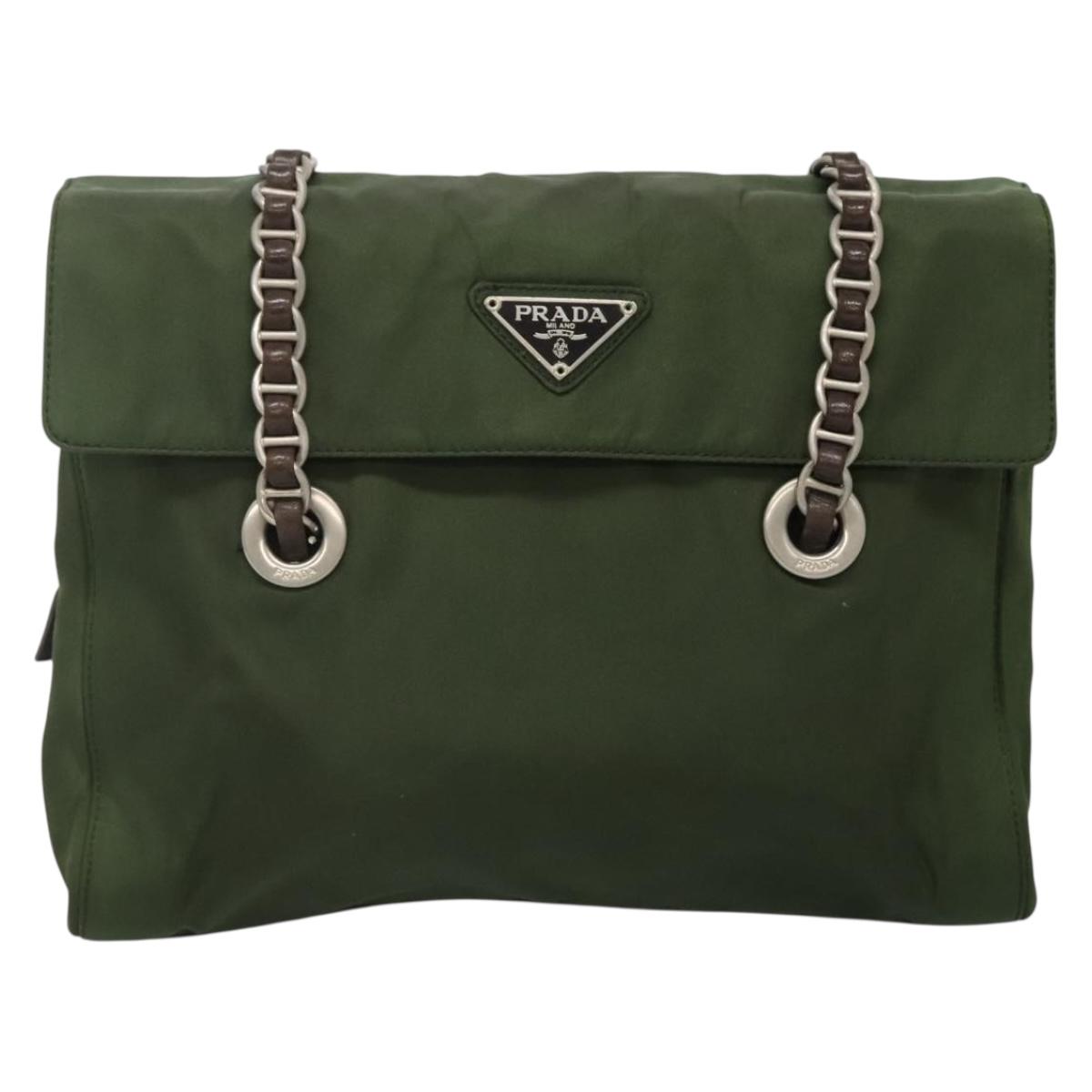 PRADA Chain Shoulder Bag Nylon Khaki Silver Auth 141932 | eBay