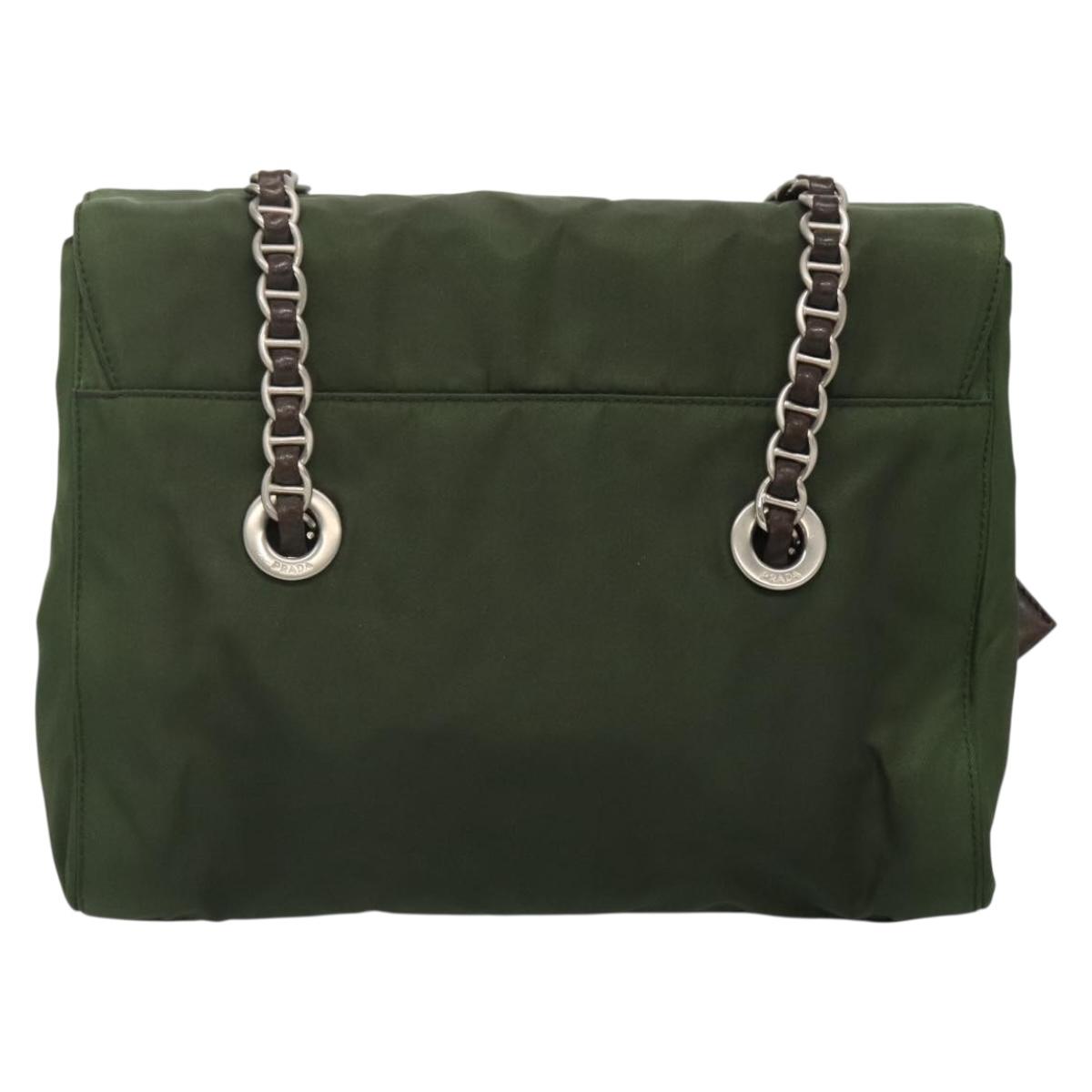 PRADA Chain Shoulder Bag Nylon Khaki Silver Auth 141932 | eBay