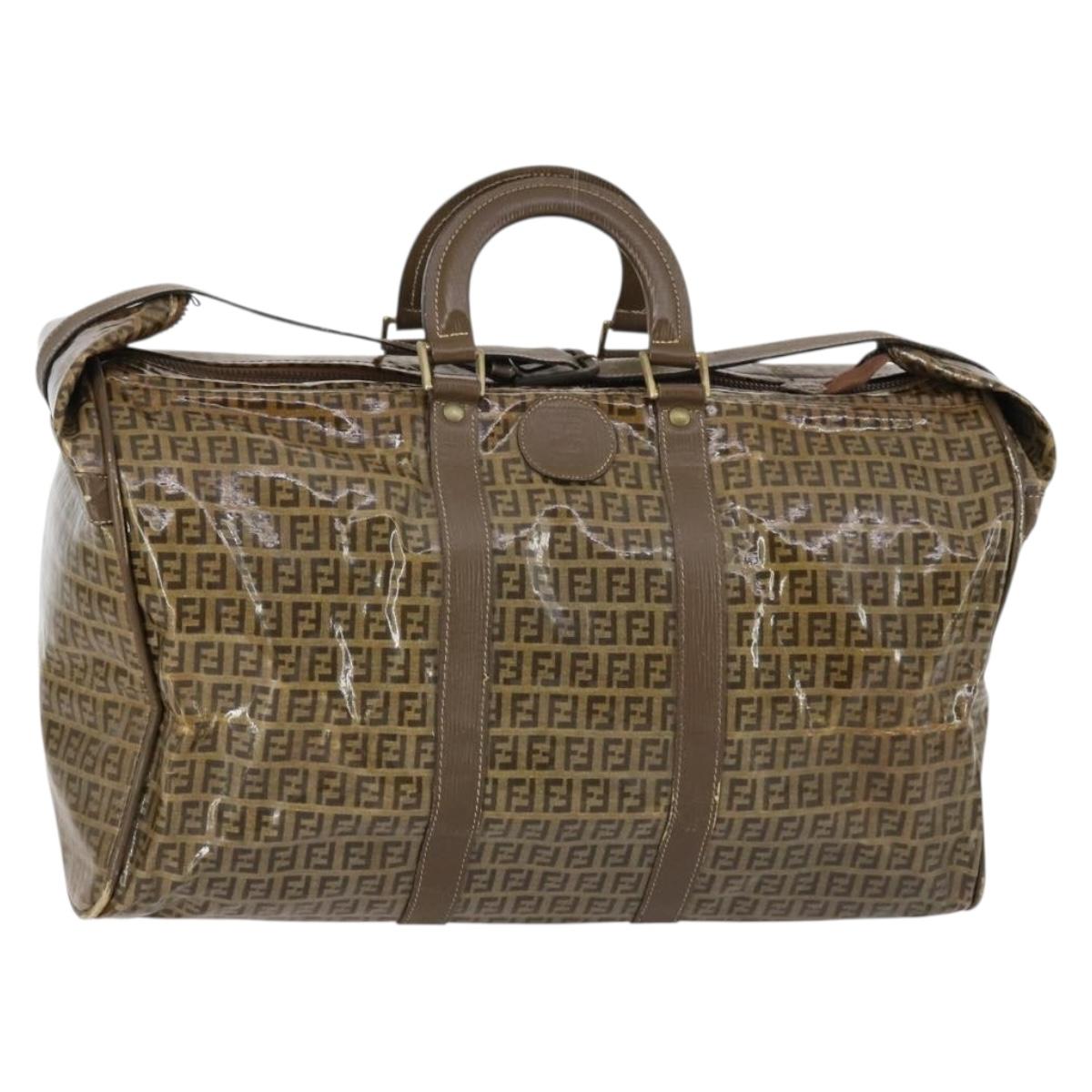 FENDI Zucchino Canvas Boston Bag Coated Canvas Brown Gold Auth