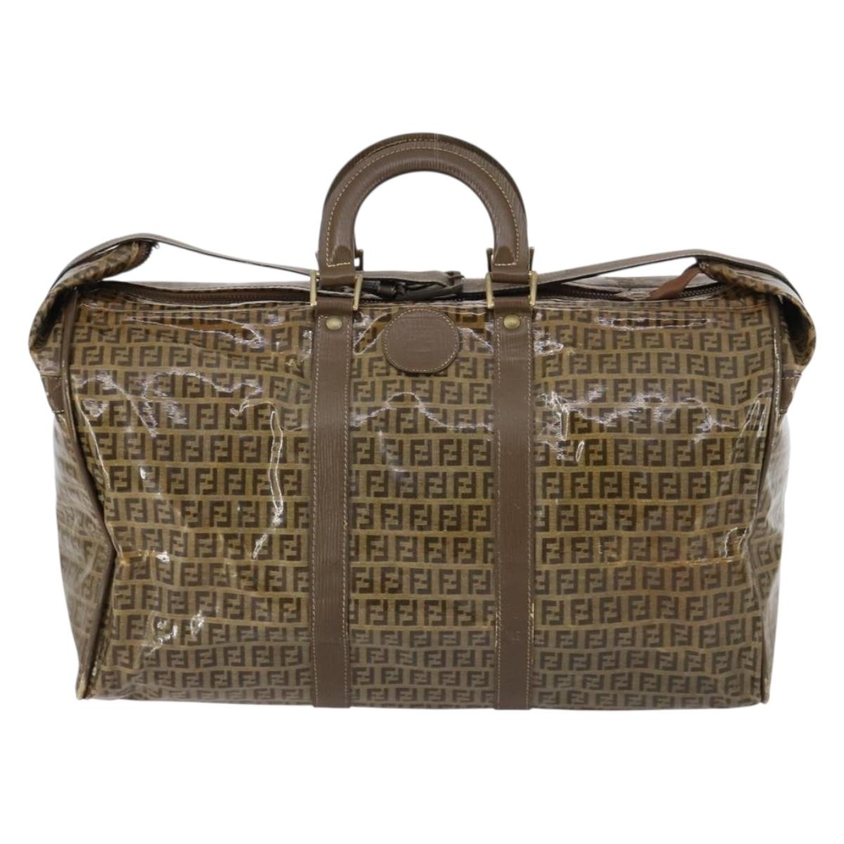 FENDI Zucchino Canvas Boston Bag Coated Canvas Brown Gold Auth