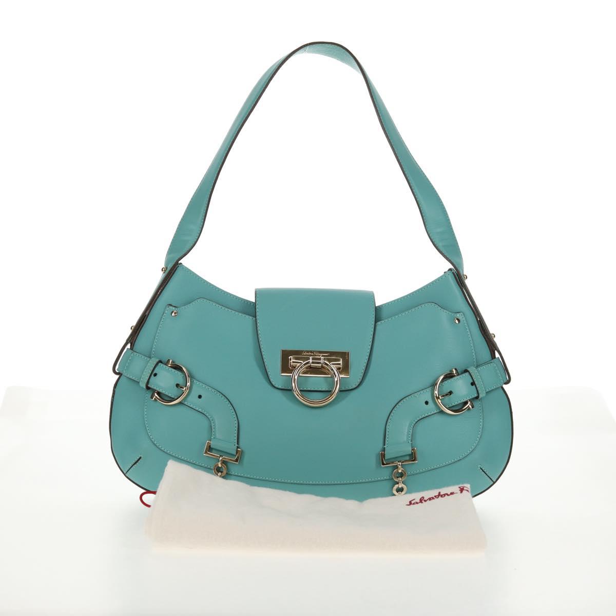 Salvatore Ferragamo Gancini Bag Leather Turquoise Blue Gold Auth