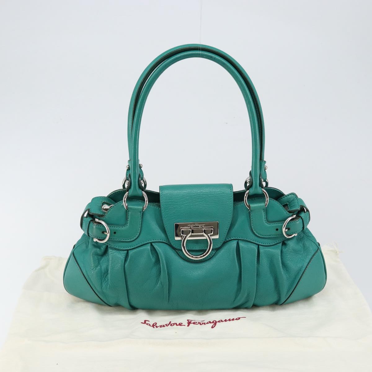 Salvatore Ferragamo Gancini Shoulder Bag Leather Green Silver Auth