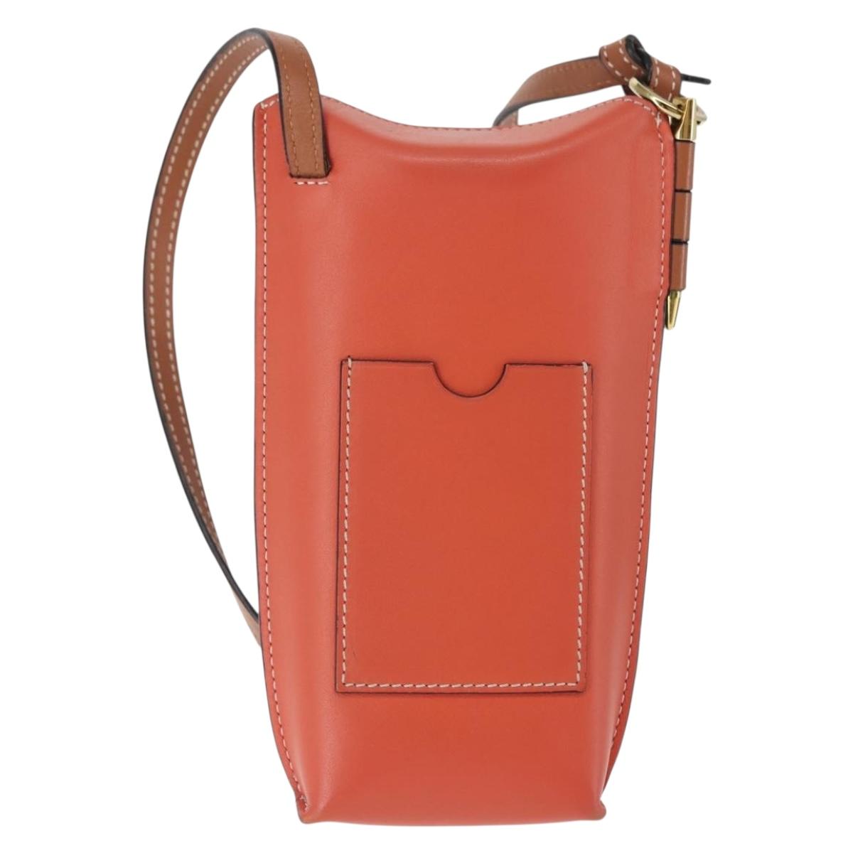 LOEWE Anagram Phone Shoulder Pouch Leather Gold Pink Orange Auth