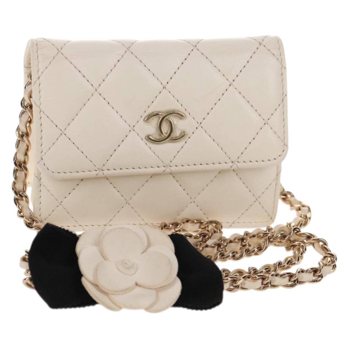 CHANEL Matelasse Camellia Chain Pouch Lamb Skin White Gold CC Auth