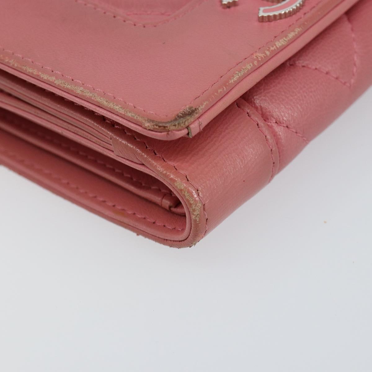 CHANEL V Stitch COCO Mark Trifold Wallet Lamb Skin Pink Silver CC