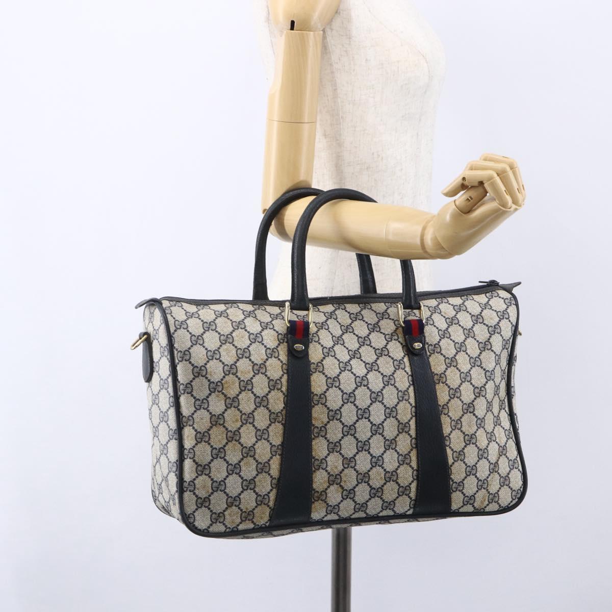 GUCCI GG Supreme Sherry Line Hand Bag PVC Navy Gold 39 02 041 Auth