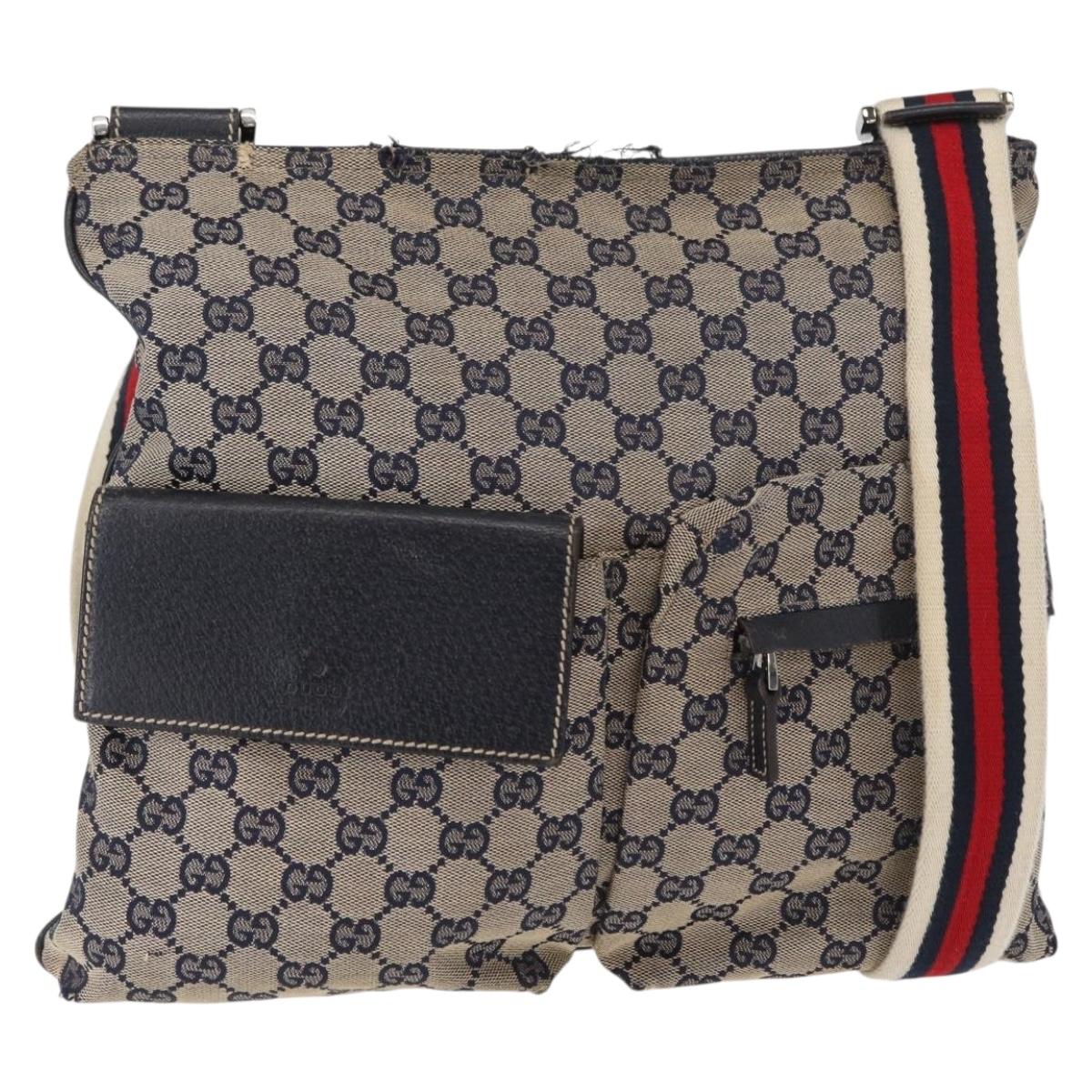 GUCCI GG Canvas Sherry Line Shoulder Bag Navy Red 169937 Auth