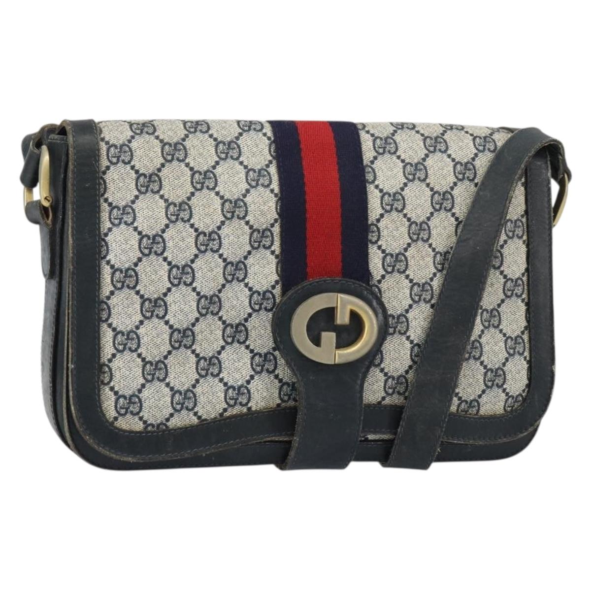 GUCCI GG Supreme Sherry Line Shoulder Bag PVC Navy Gold Auth