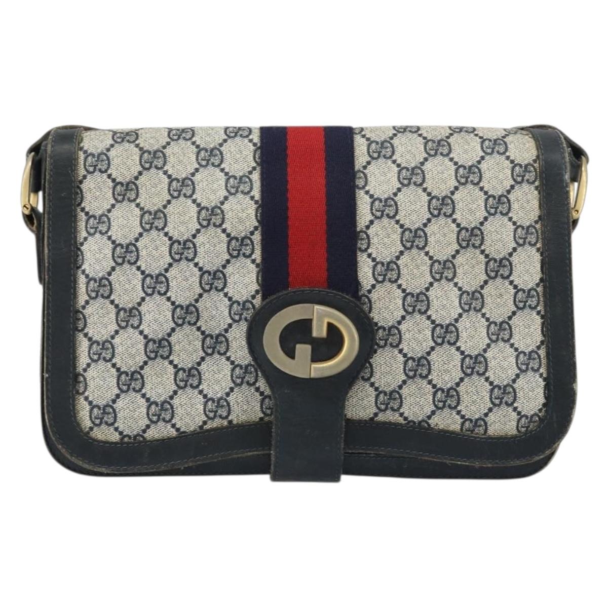 GUCCI GG Supreme Sherry Line Shoulder Bag PVC Navy Gold Auth