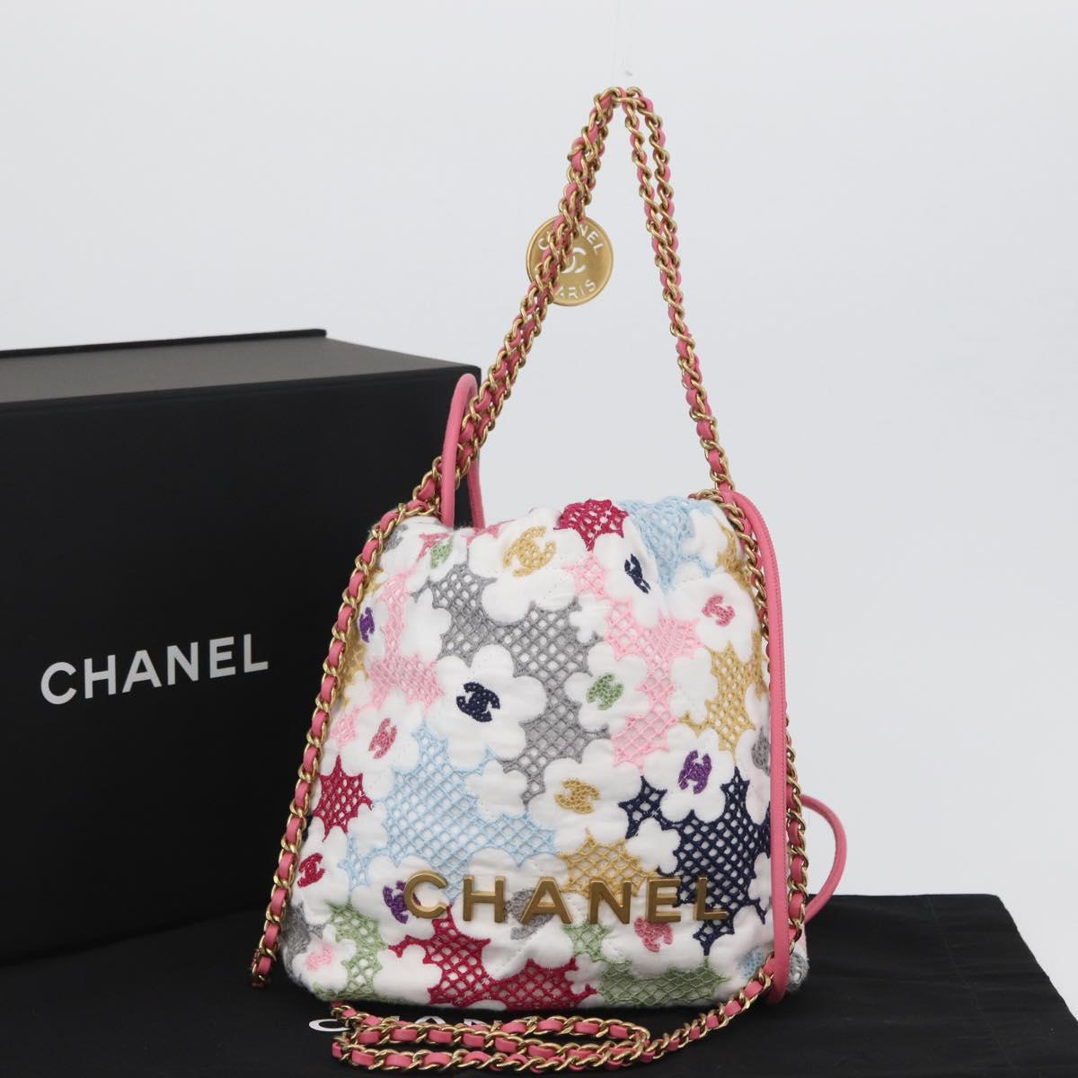 CHANEL Chain Chanel 22 Mini Bag Lace Patchwork 2way Gold White CC