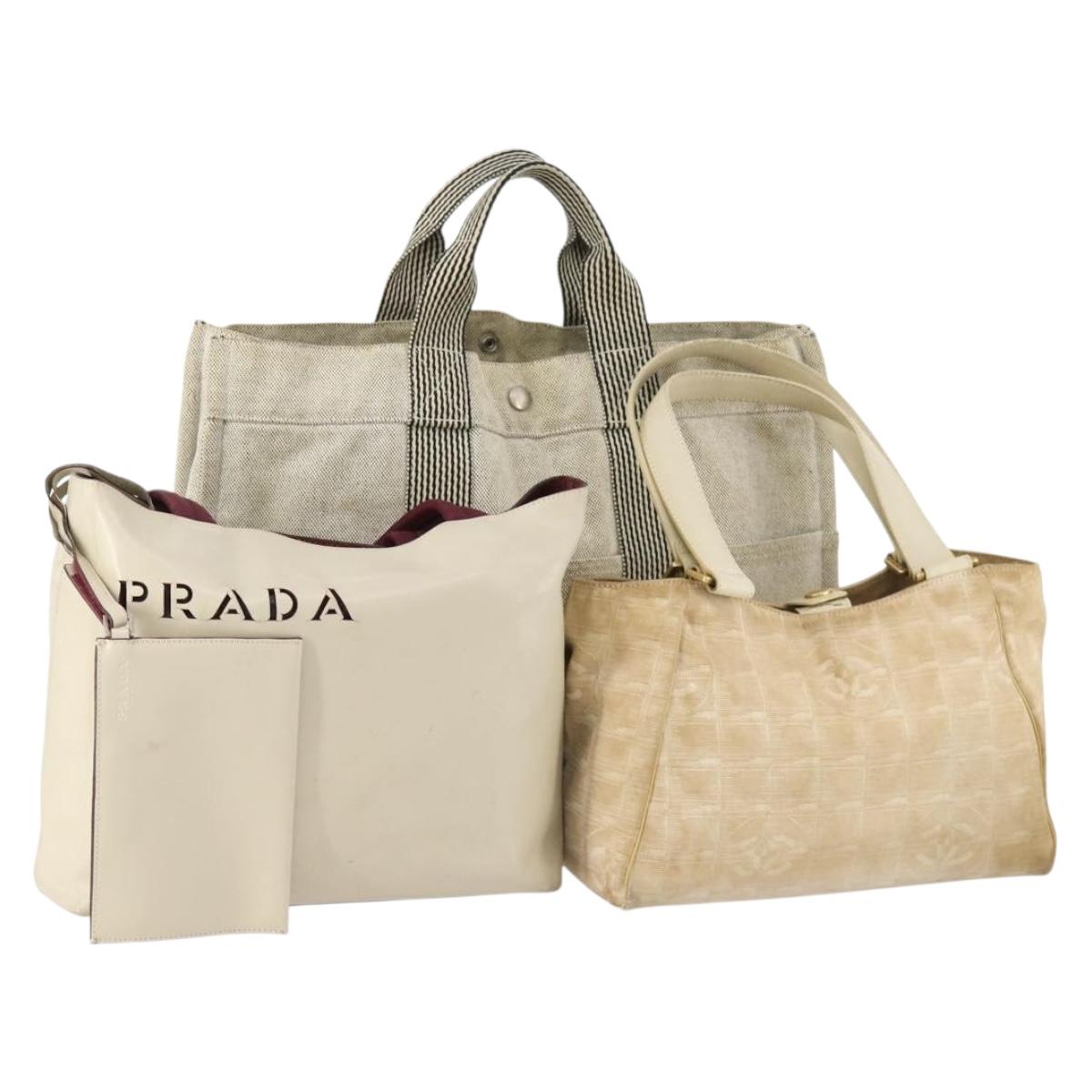HERMES PRADA Chanel Hand Bag Leather Canvas Nylon 3 Set Beige Auth