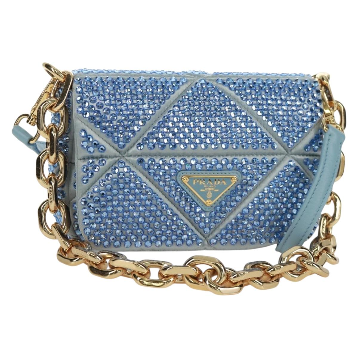 st 即購入OK様用　プラダ　バッグ PRADA Chain Crystal Embellished Bag Satin 2way Light Blue Gold