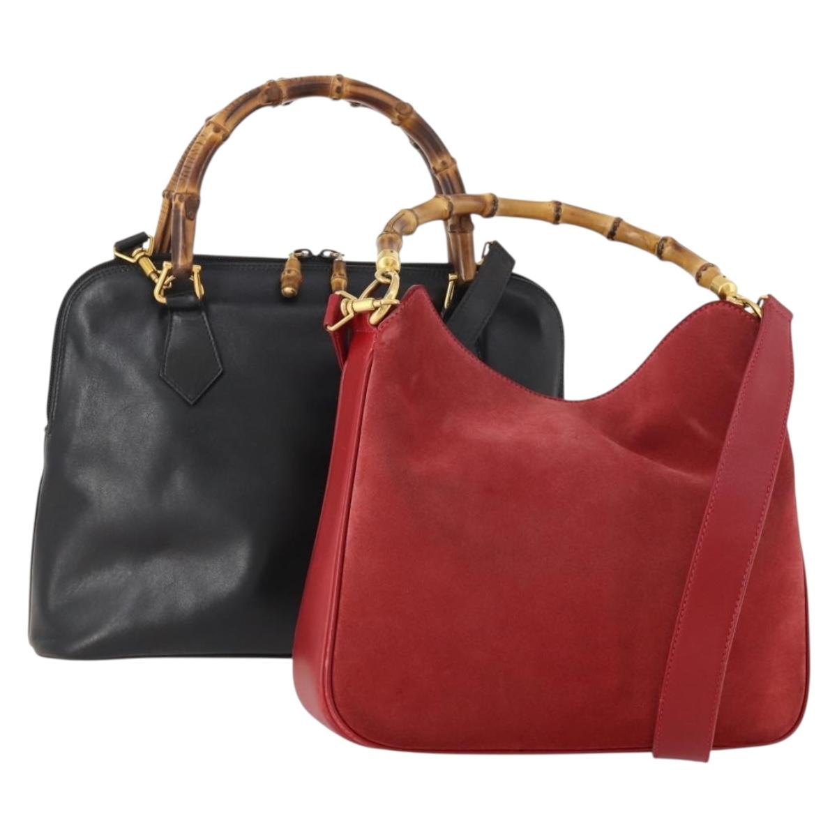 GUCCI Bamboo Hand Bag Leather Suede 2 Set Black Red Auth 170525 | eBay