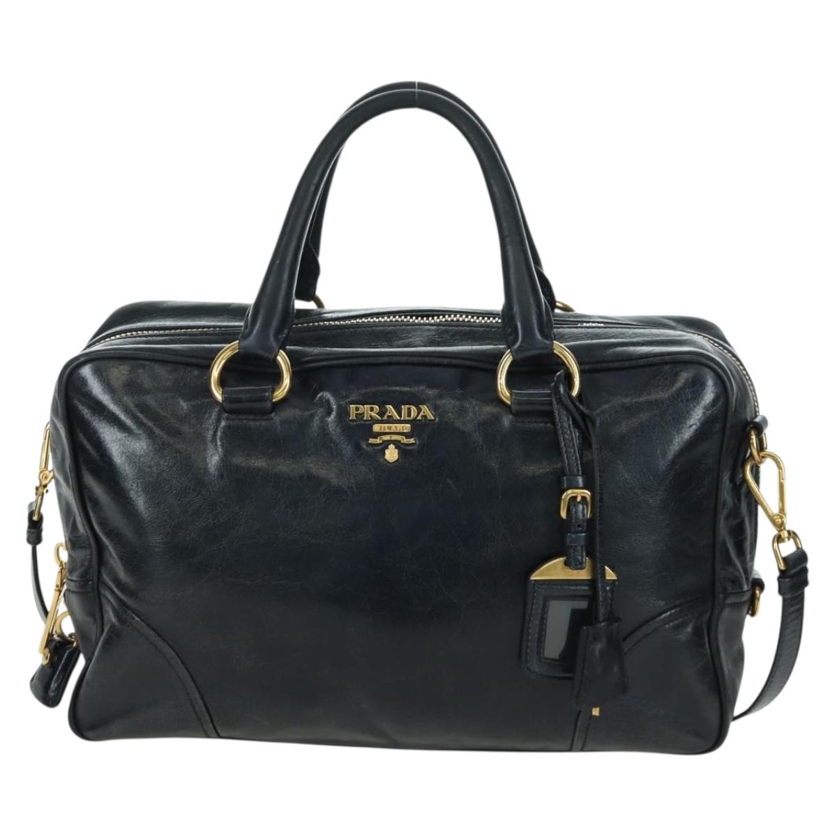 PRADA Hand Bag Leather 2way Navy Gold Auth 170560A | eBay