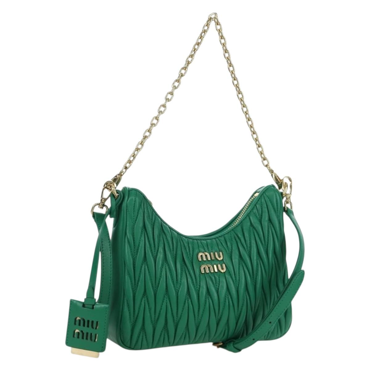 Miu Miu Matelasse Chain Shoulder Bag Leather 2way Green Gold Auth