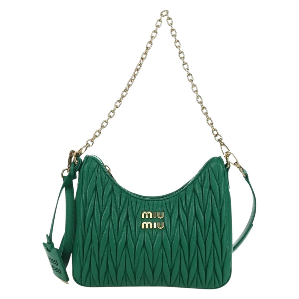 Miu Miu Matelasse Chain Shoulder Bag Leather 2way Green Gold Auth