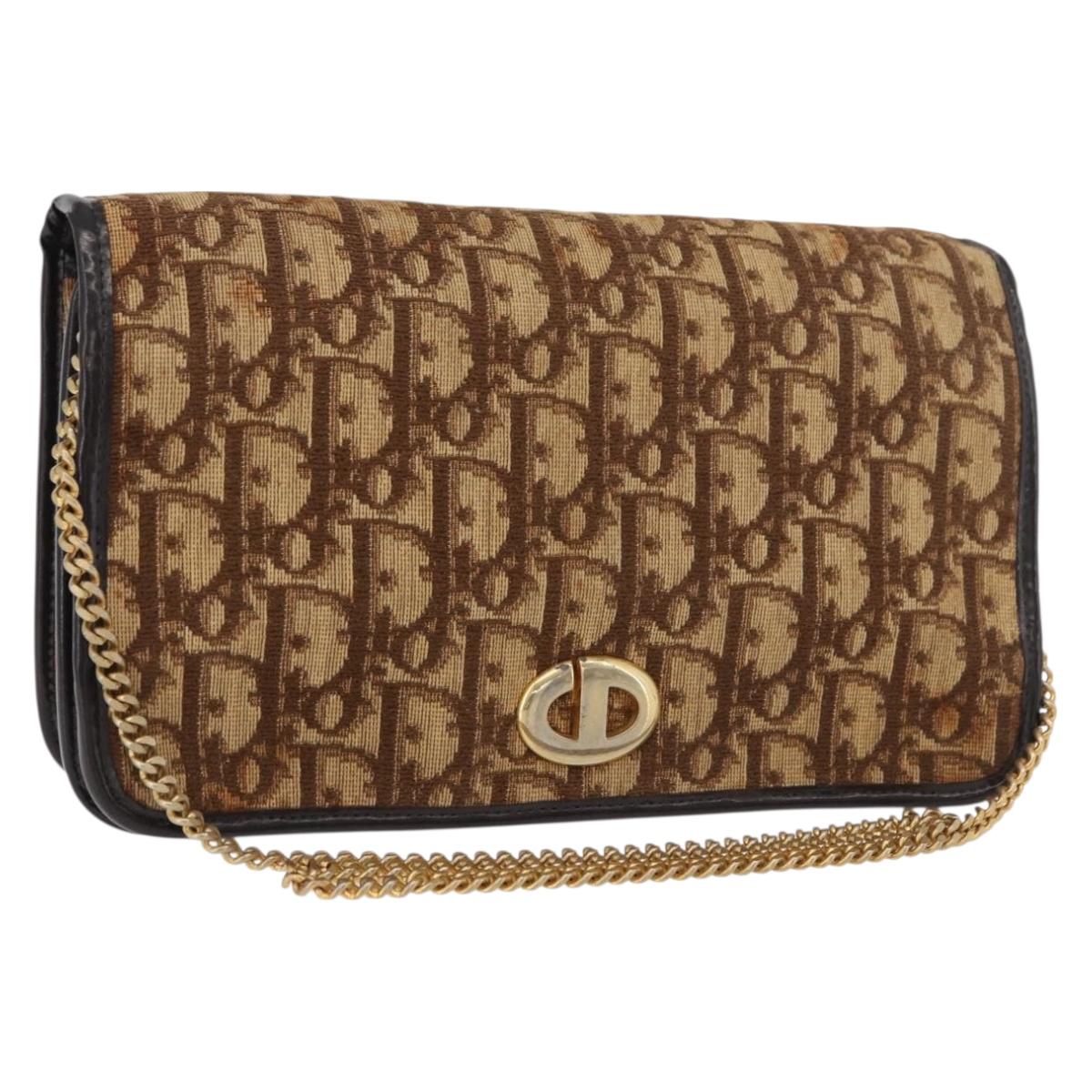 Christian Dior Trotter Canvas Chain Shoulder Bag Brown Gold Auth
