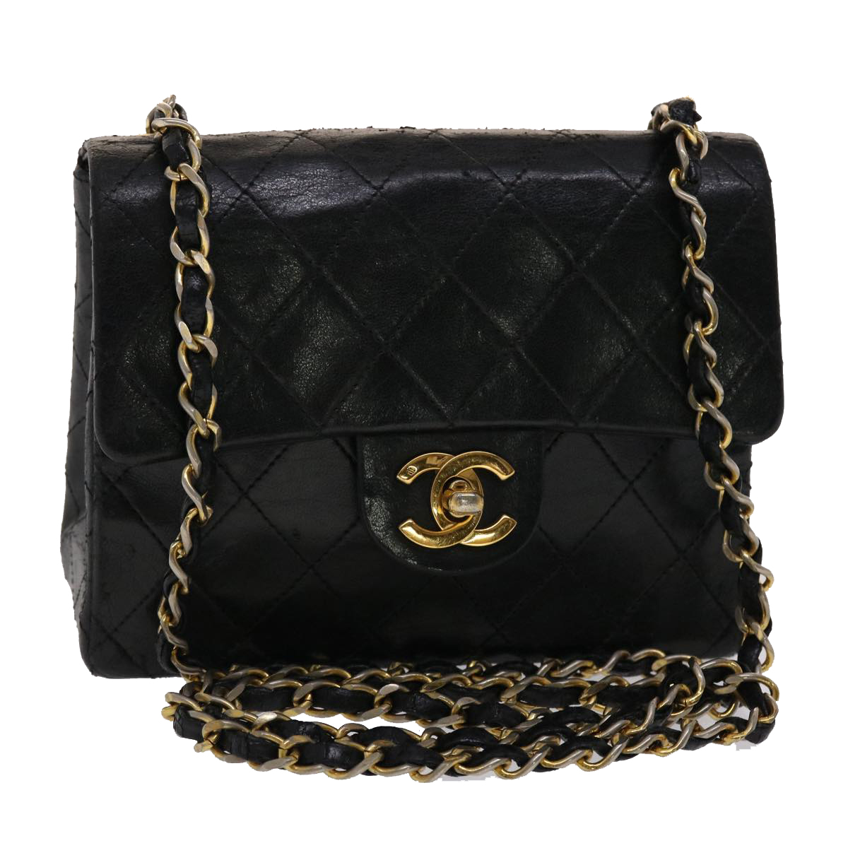 CHANEL Matelasse Chain Flap Shoulder Bag Lamb Skin Black Gold CC Auth 24557A