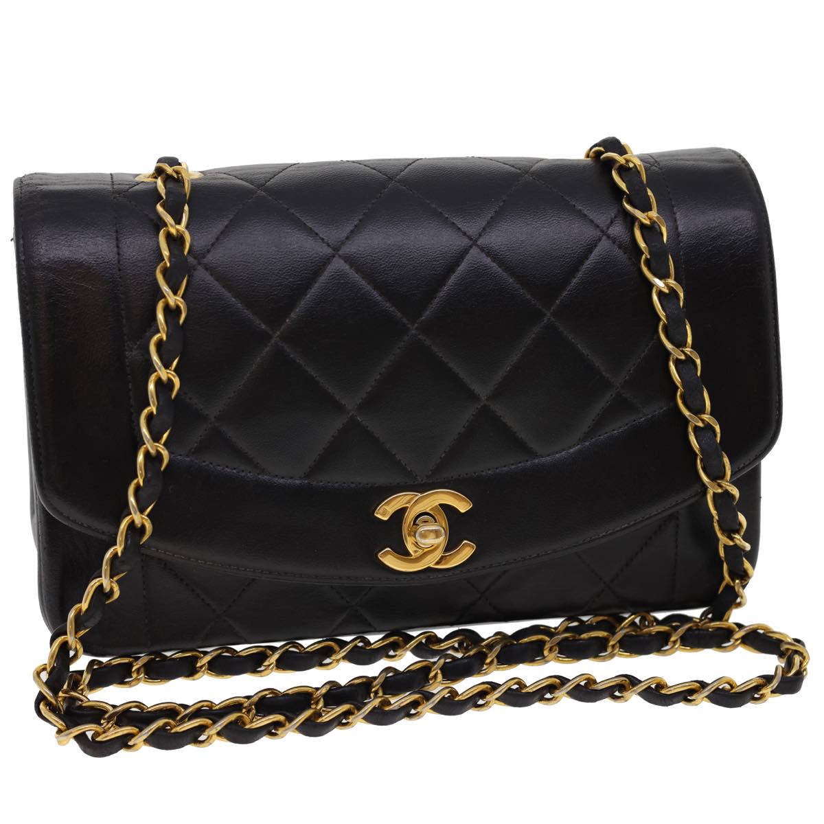 CHANEL Chain Turn Lock Diana Matelasse Shoulder Bag Lamb Skin Black Auth 28470A