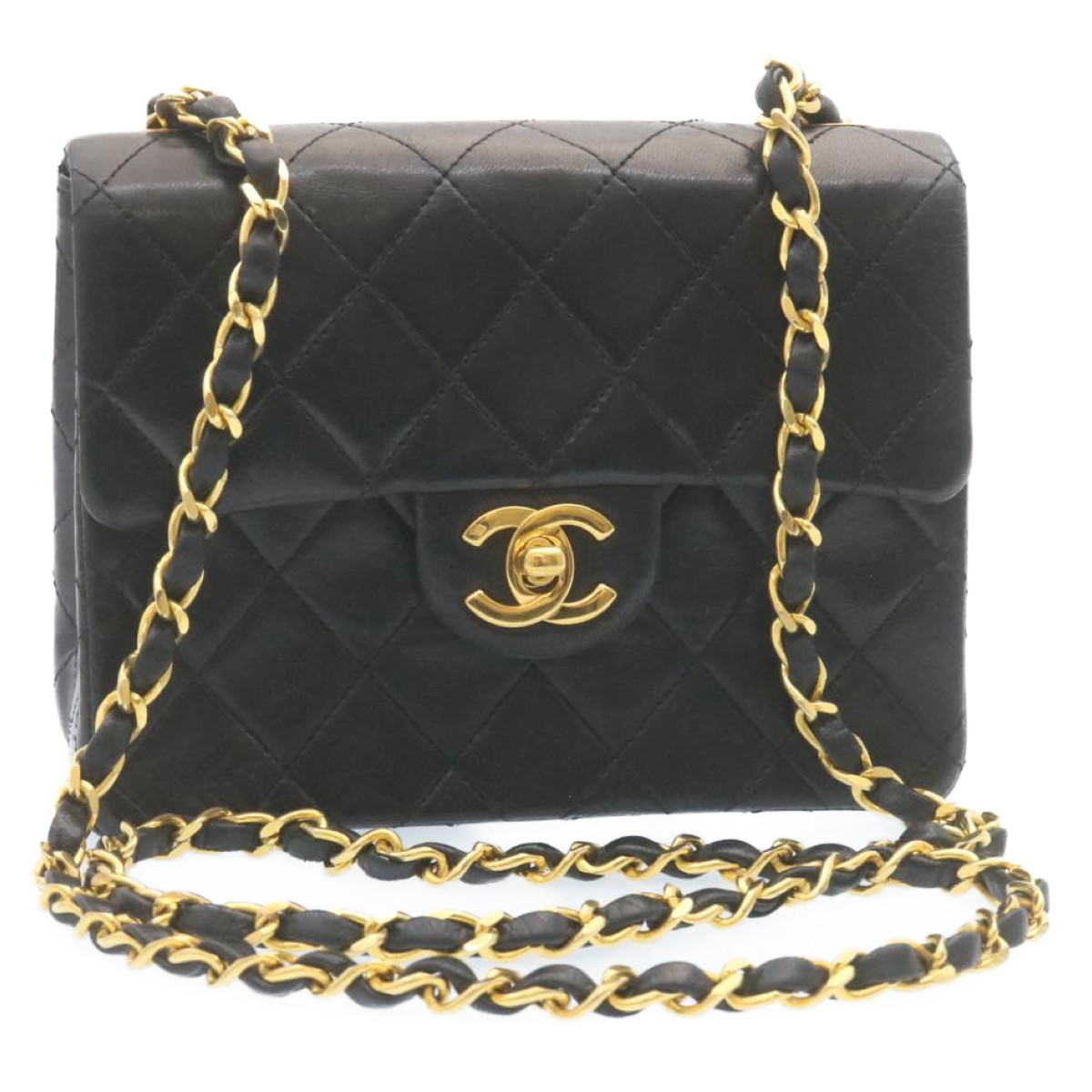 CHANEL Mini Matelasse Chain Flap Shoulder Bag Lamb Skin Black Gold Auth 28471A