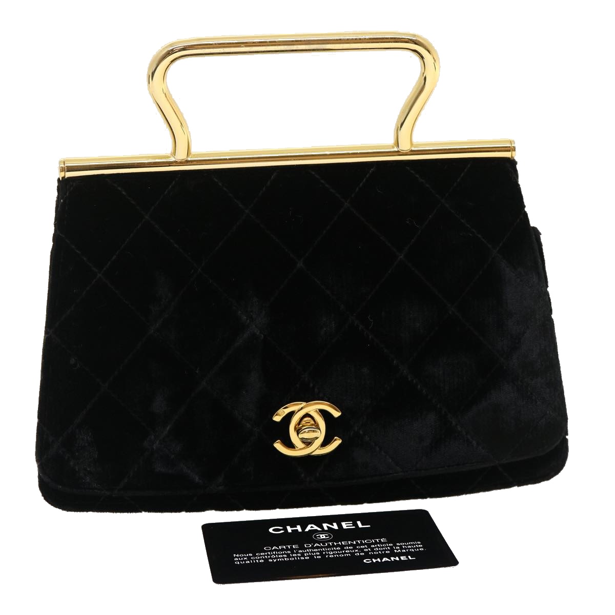 CHANEL Turn Lock Flap Matelasse Hand Bag velvet Black Gold CC Auth 29565A