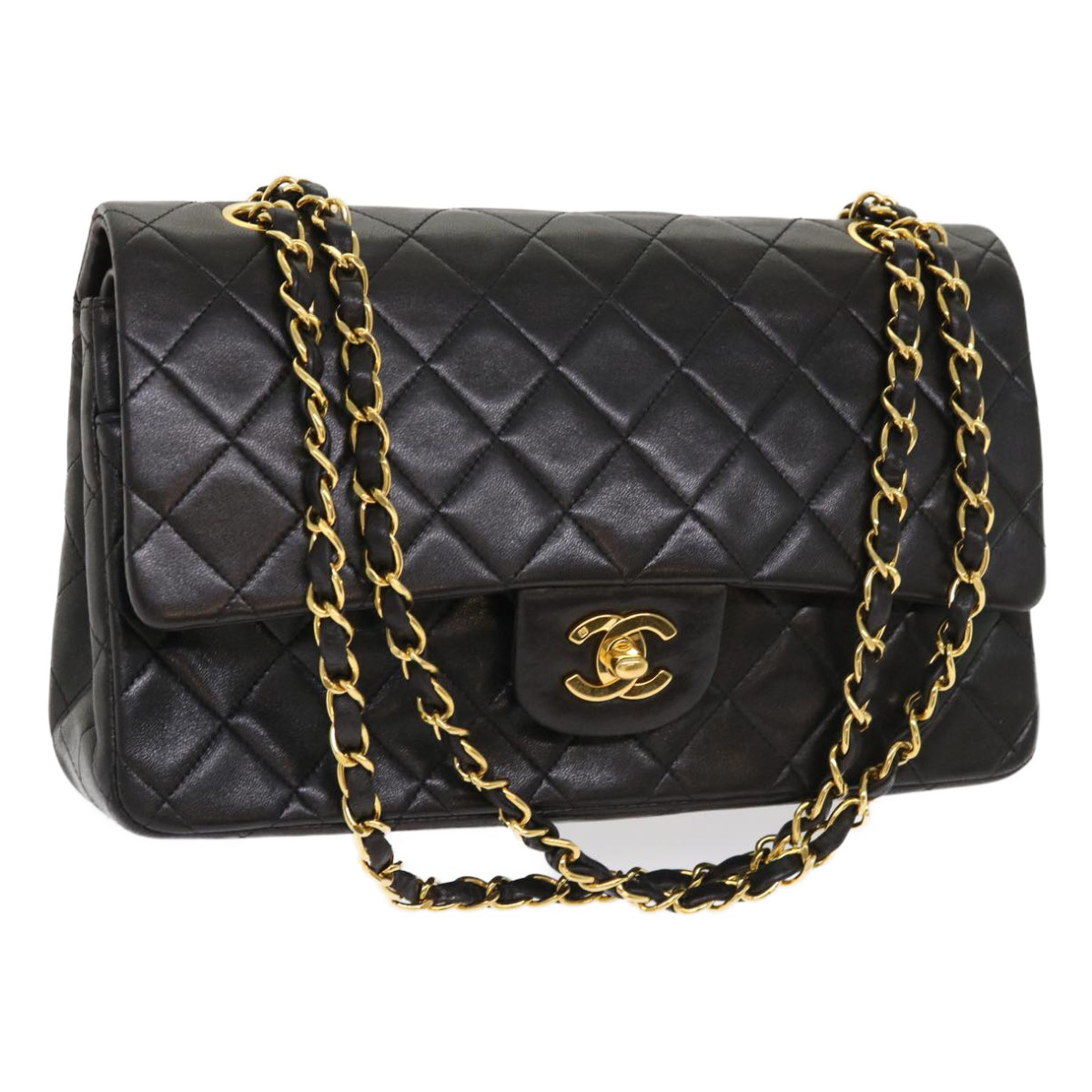 CHANEL Classic Matelasse 25 Chain Flap Shoulder Bag Lamb Skin Black Auth 29962A