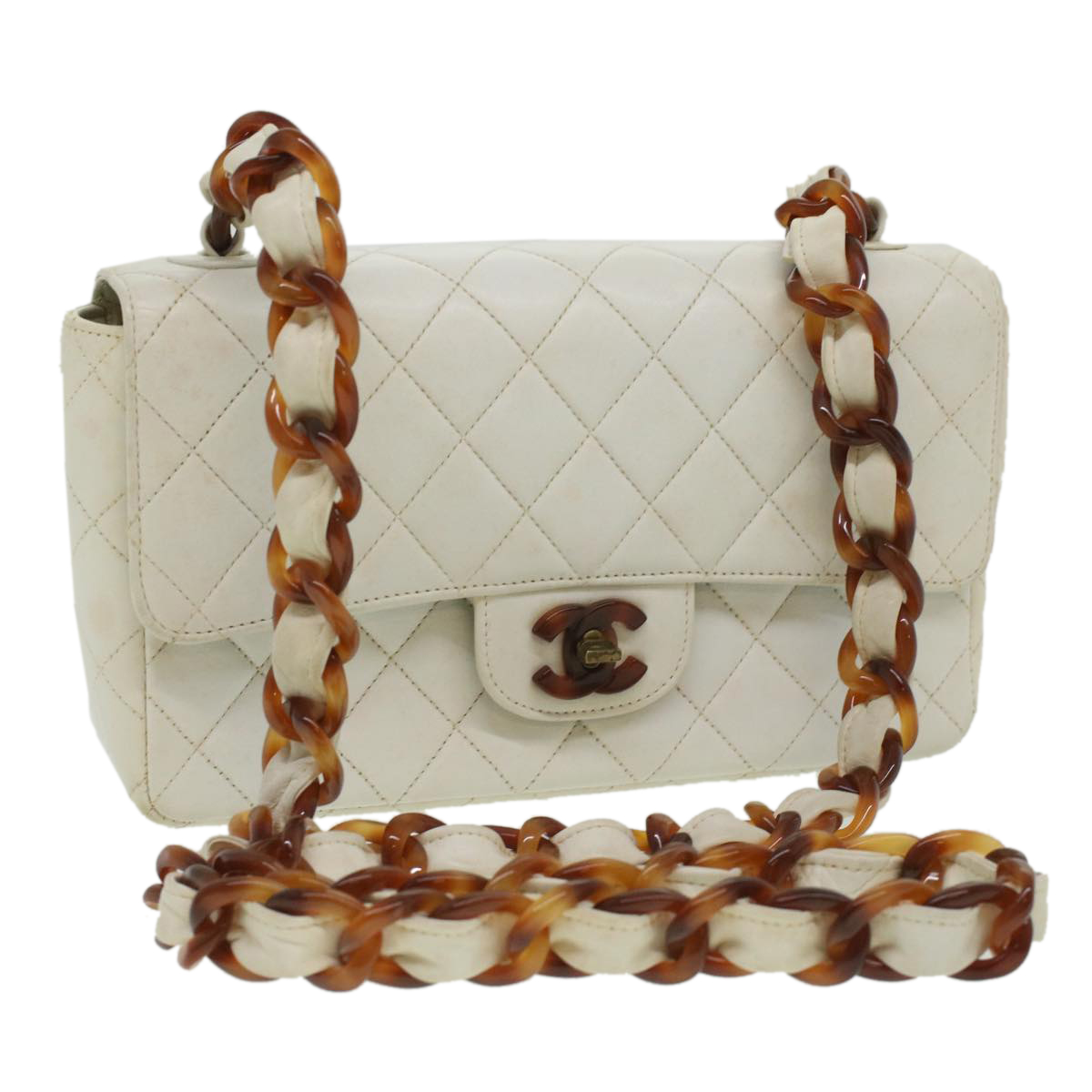 CHANEL Matelasse Turn Lock Shoulder Bag Lamb Skin Brown White CC Auth 32160A