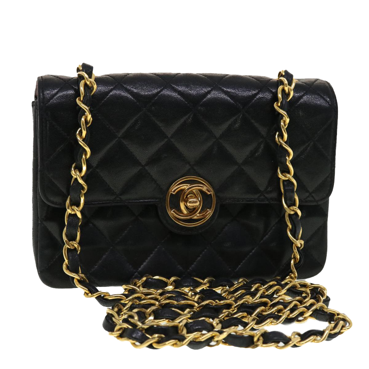 CHANEL Mini Matelasse Chain Shoulder Bag Lamb Skin Black CC Auth 42862A