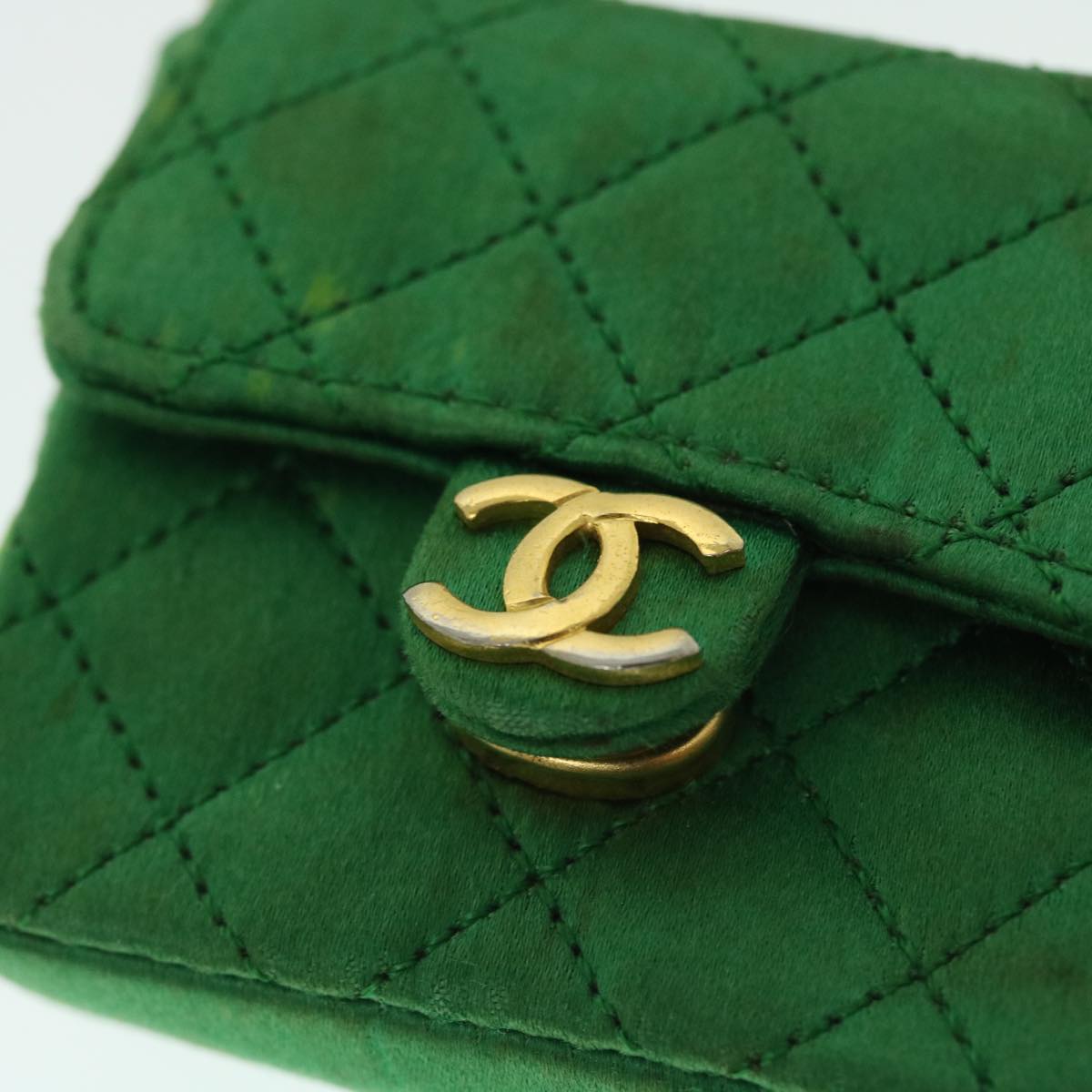 CHANEL Mini Matelasse Chain Pouch Shoulder Bag Satin Green