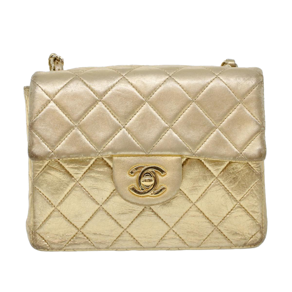 CHANEL Matelasse 17 Turn Lock Chain Shoulder Bag Lamb Skin Gold CC