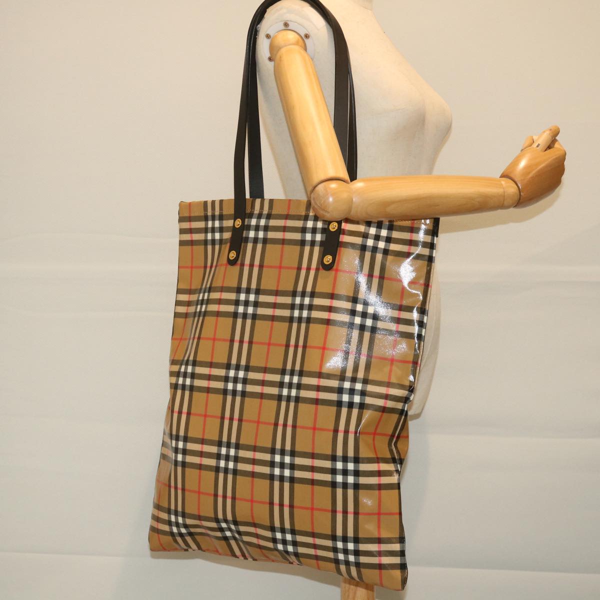 BURBERRY Nova Check Tote Bag Coated Canvas Beige Black Auth