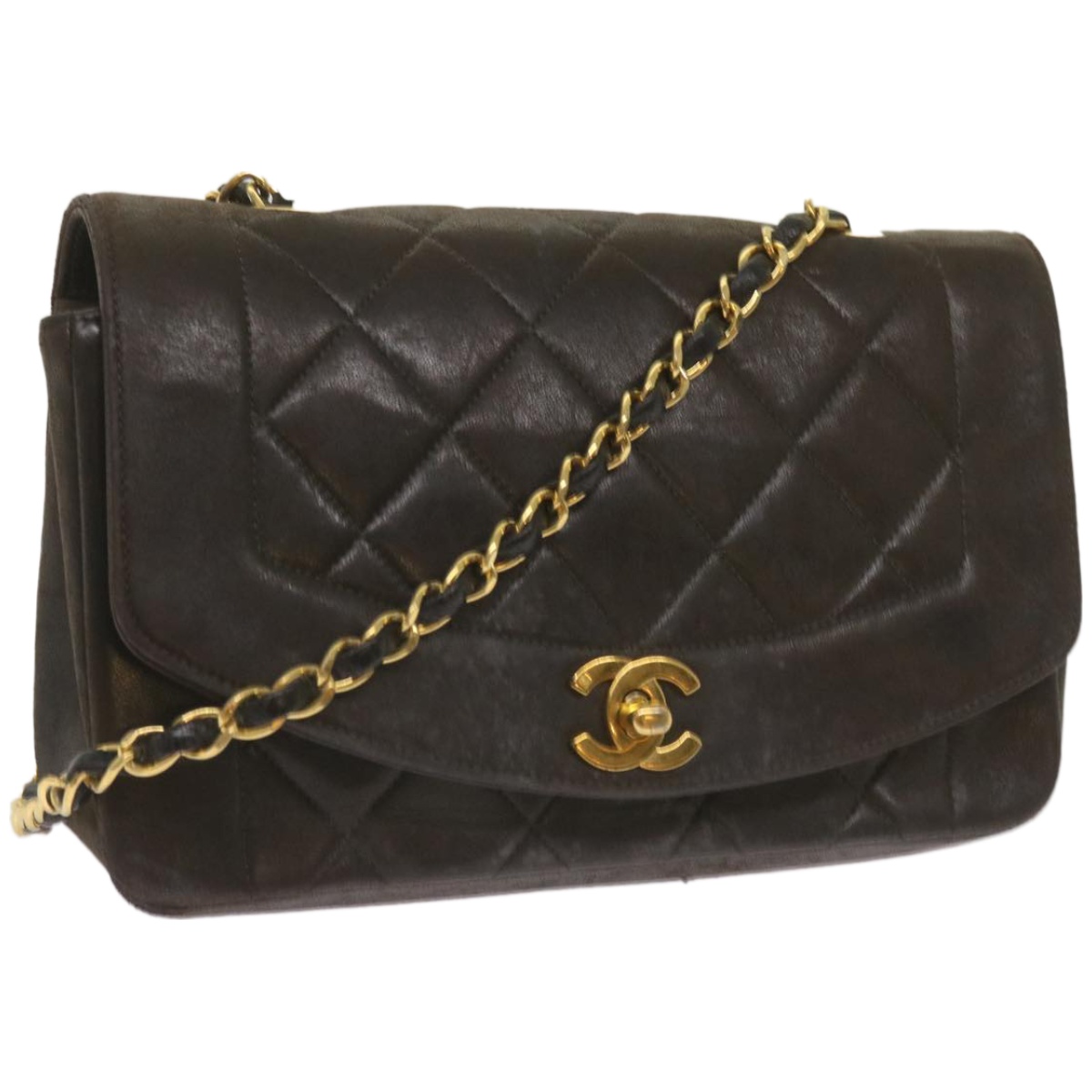 CHANEL Diana Matelasse Chain Shoulder Bag Leather Black CC Auth 66875