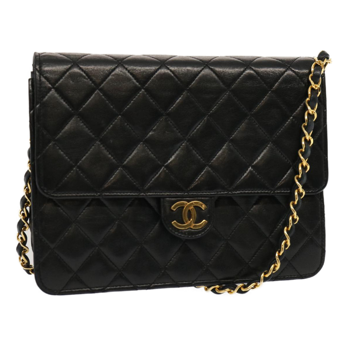 CHANEL Matelasse Chain Shoulder Bag Lamb Skin Black CC Auth 69977A