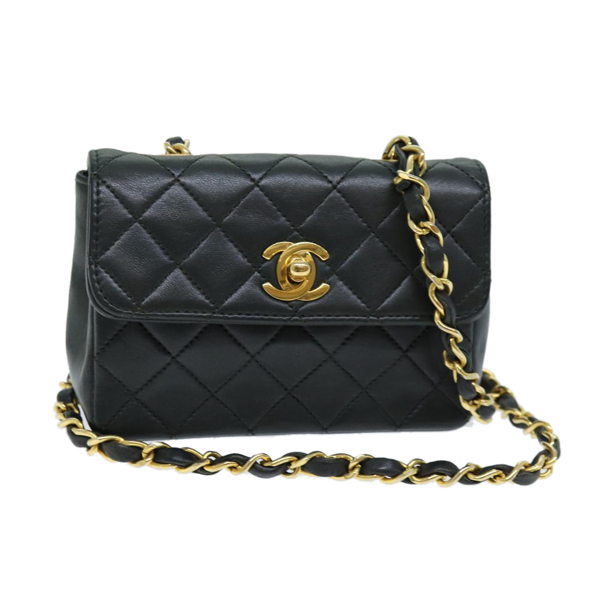 CHANEL Mini Matelasse Turn Lock Chain Bag Lamb Skin Black CC Auth 72435A