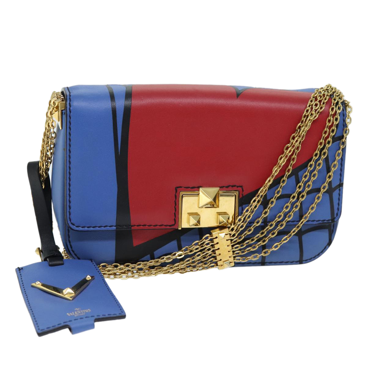 VALENTINO Chain Shoulder Bag Leather Blue Red Auth 73198A | eBay
