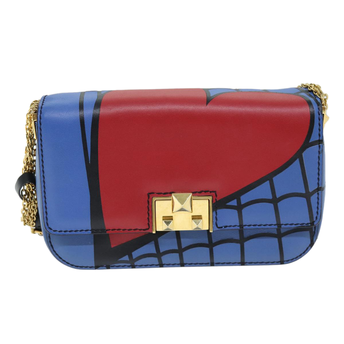 VALENTINO Chain Shoulder Bag Leather Blue Red Auth 73198A | eBay