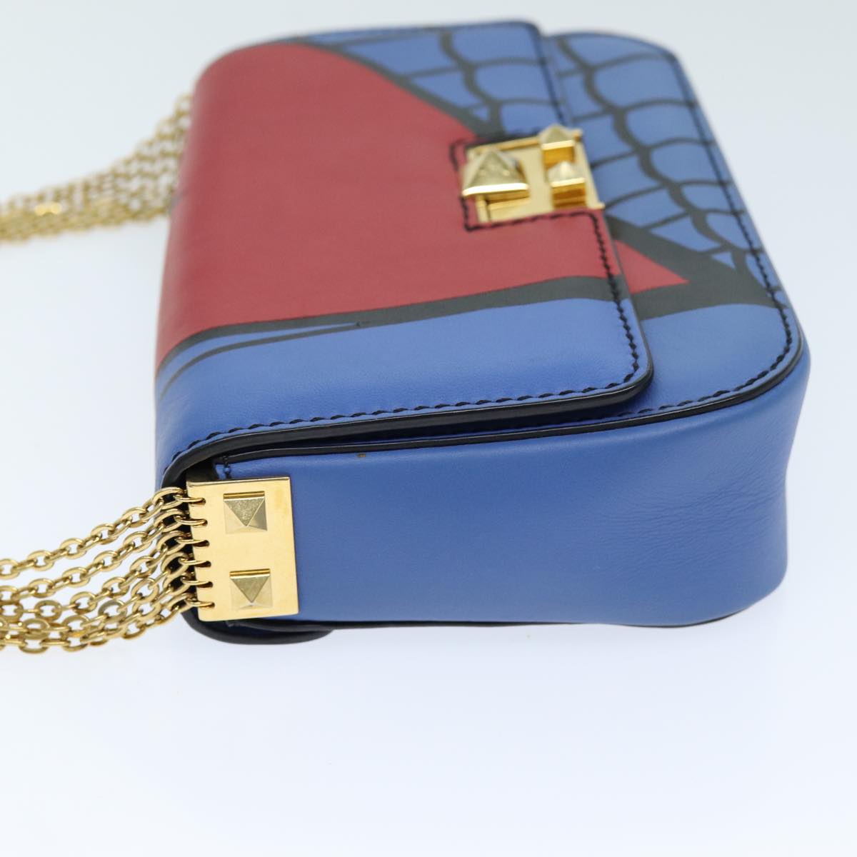 VALENTINO Chain Shoulder Bag Leather Blue Red Auth 73198A | eBay