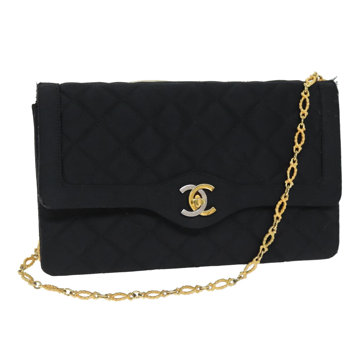 CHANEL Matelasse Chain Shoulder Bag Satin Paris limited Black CC Auth 74757A