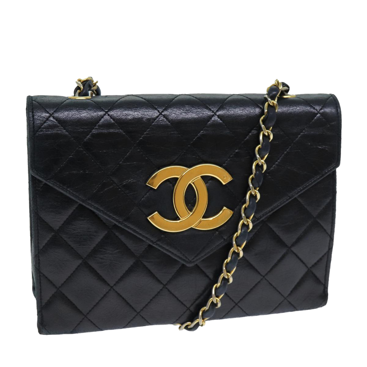 CHANEL Matelasse Big COCO Mark Chain Shoulder Bag Lamb Skin Black CC Auth 79660