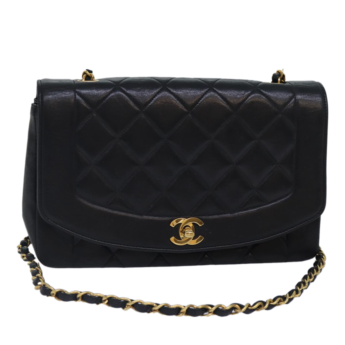 CHANEL Diana Matelasse Chain Shoulder Bag Lamb Skin Black CC Auth 87740A