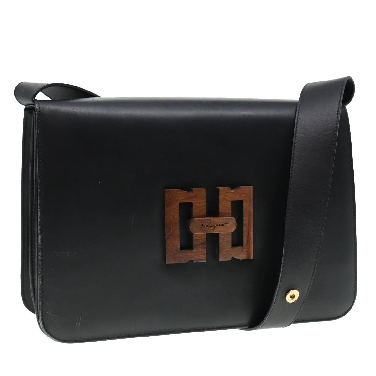 Salvatore Ferragamo Shoulder Bag Leather Black Gold Auth