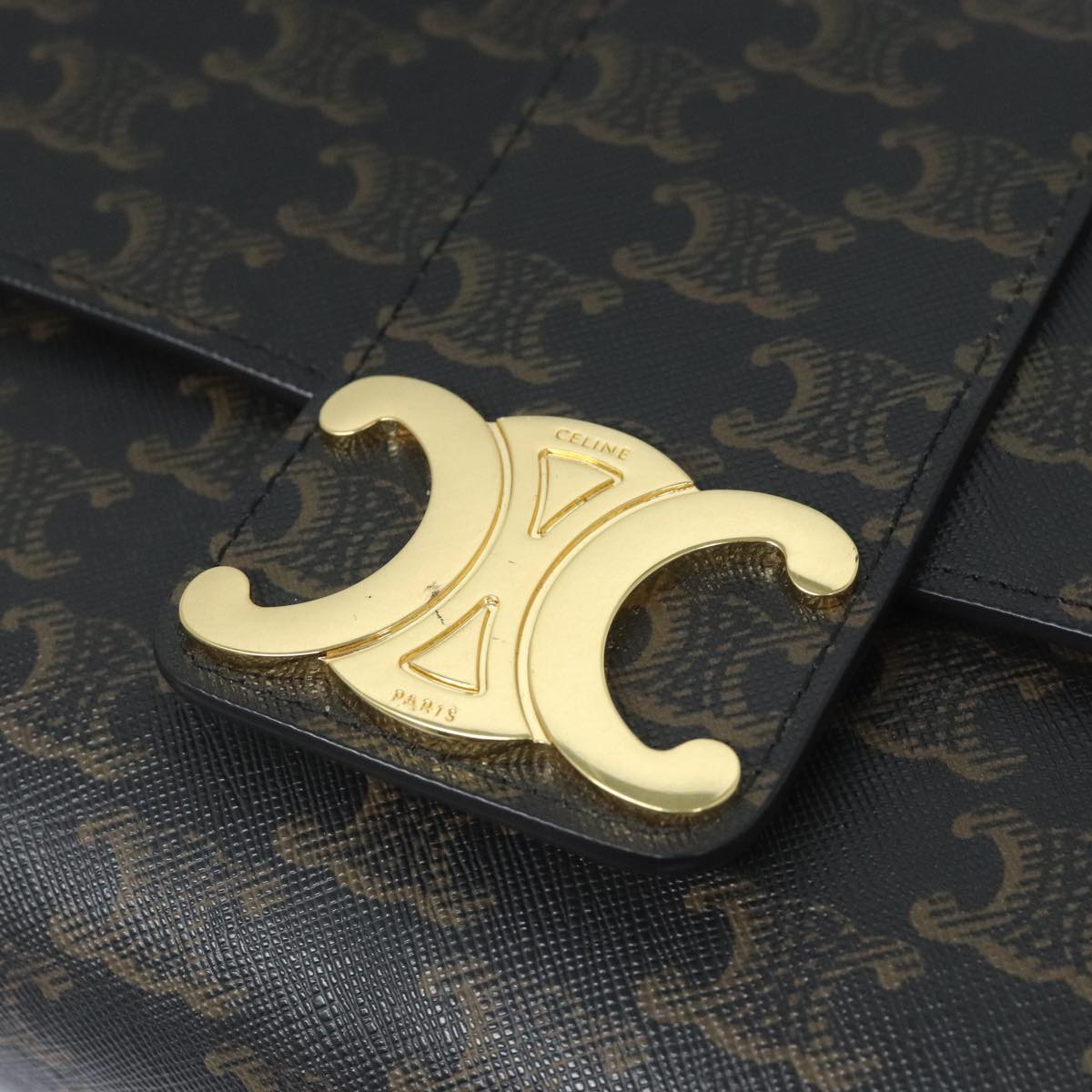CELINE Triomphe Chain Shoulder Bag PVC Black Gold Auth