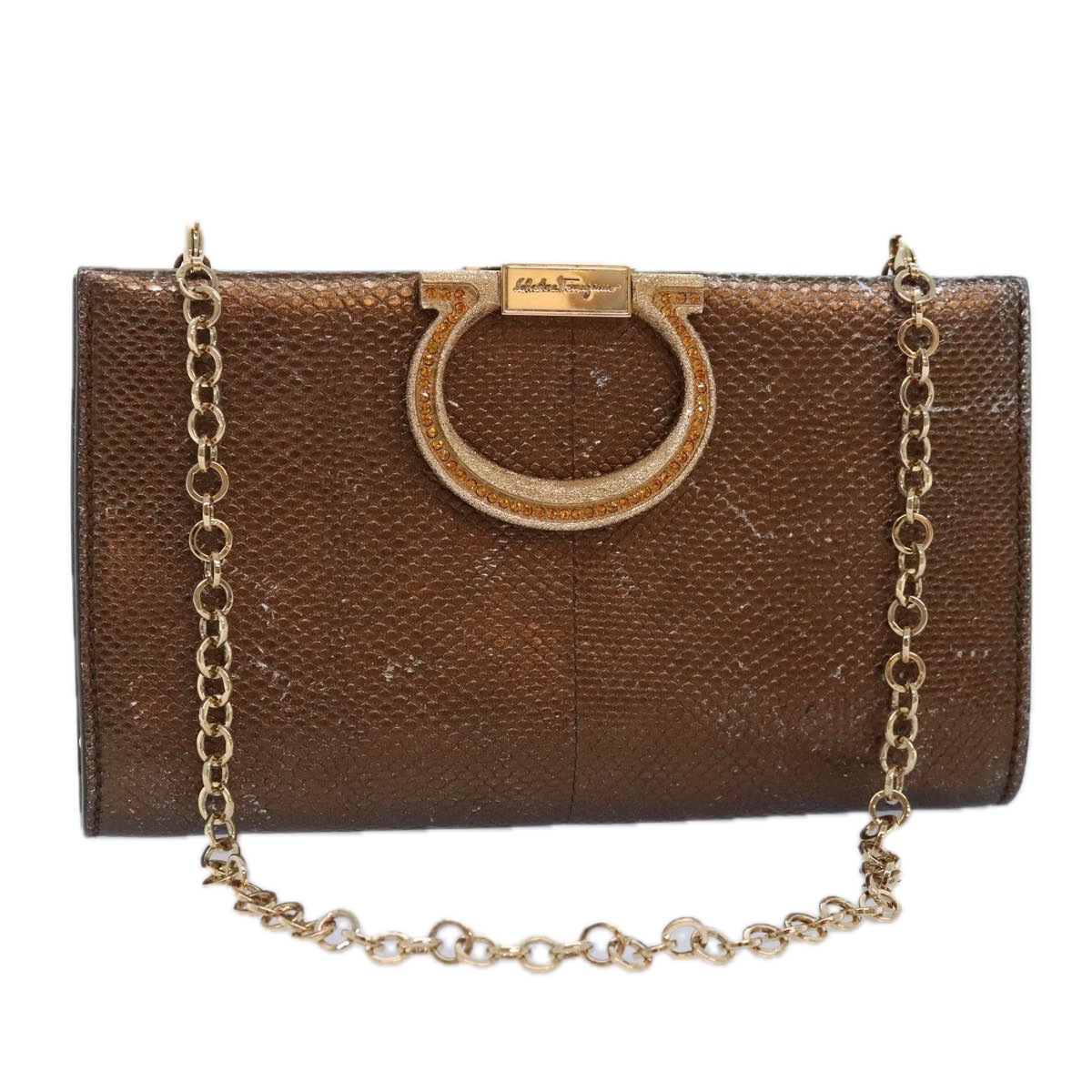 Salvatore Ferragamo Gancini Chain Shoulder Bag Leather Brown