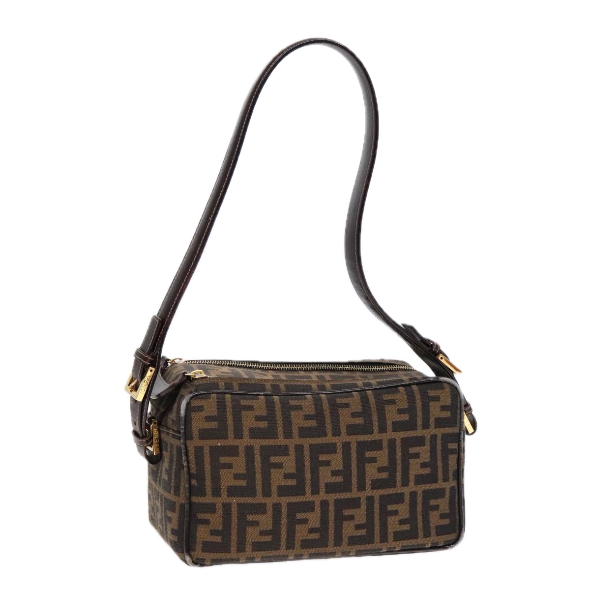 FENDI Zucca Canvas Shoulder Bag Brown Black gold Auth 91227 FENDI Zucca Canvas Shoulder Bag Brown Black gold Auth 91227