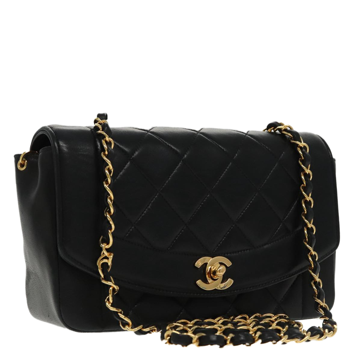 CHANEL Diana Matelasse Chain Shoulder Bag Lamb Skin Black Gold CC Auth 94641S