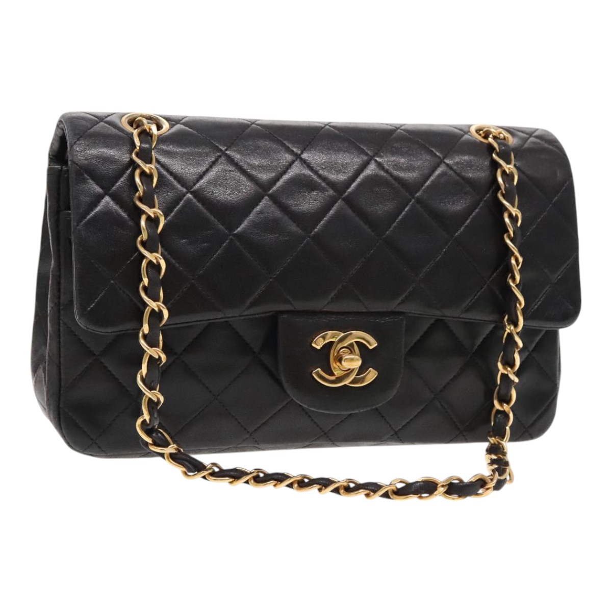 CHANEL Matelasse 23 Turn Lock Chain Bag Lamb Skin Black Gold CC Auth 94676A