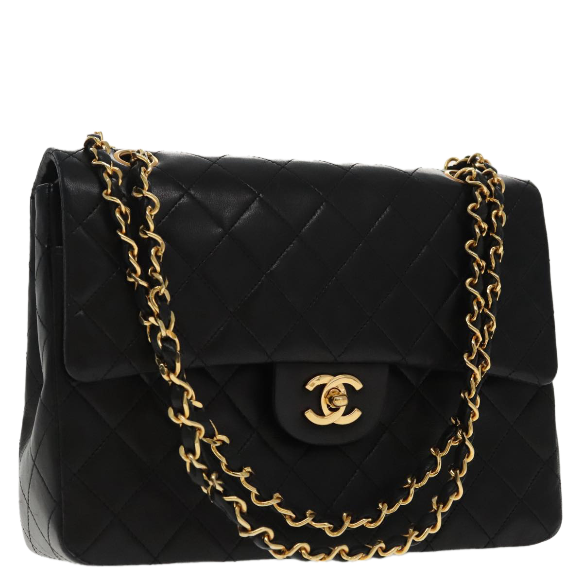 CHANEL Matelasse Chain Hand Bag Lamb Skin Black Gold CC Auth 95715A