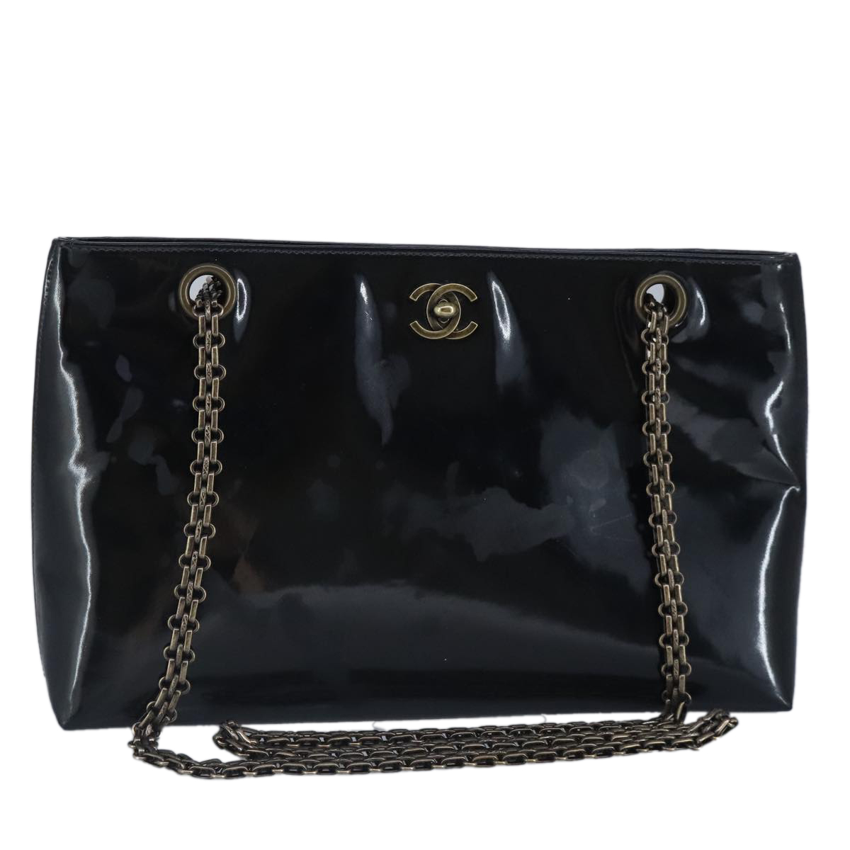 CHANEL Chain Shoulder Bag Patent leather Black CC Auth 97053